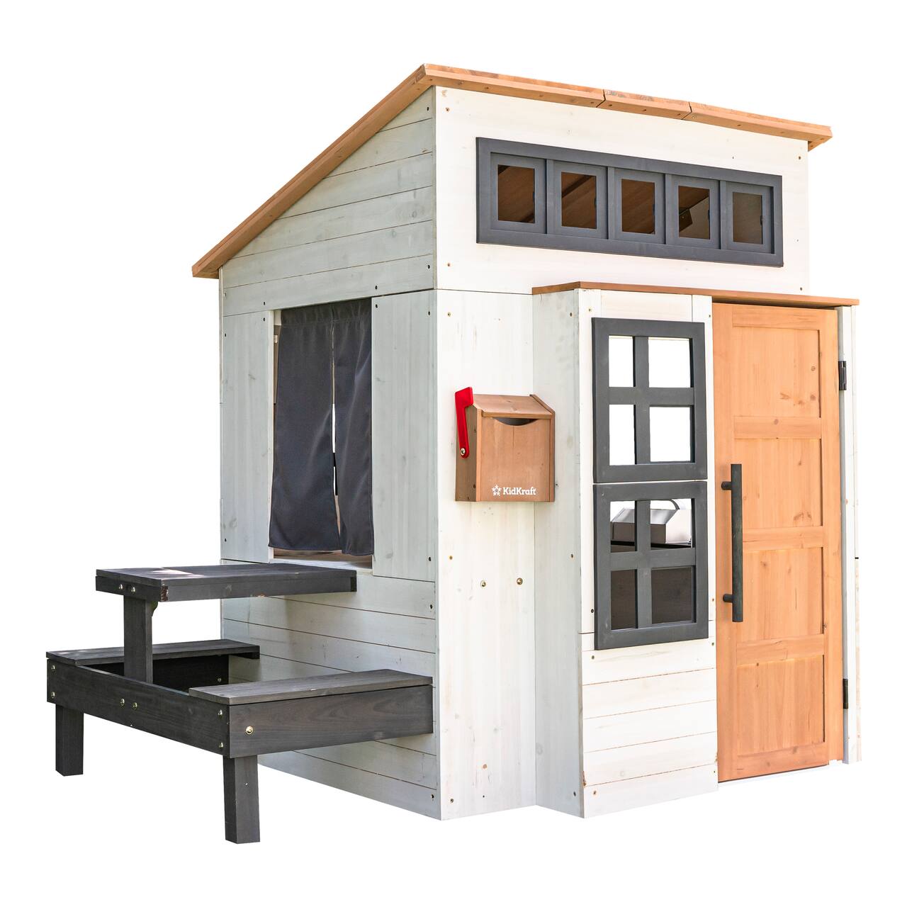 KidKraft White & Raven Modern Outdoor Wooden Playhouse with Picnic Table, Mailbox & Outdoor Grill